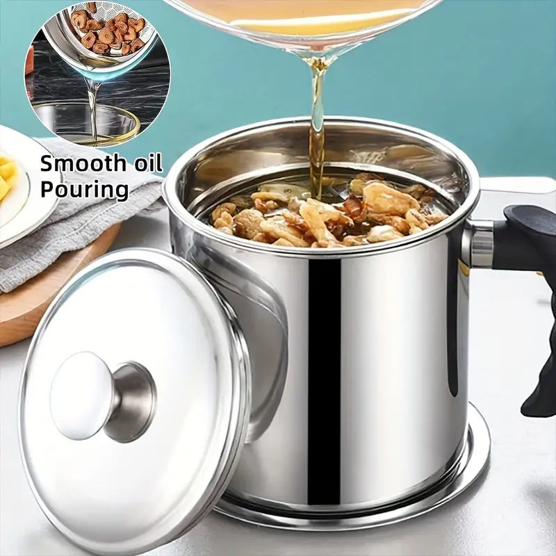 304 zanglamaydigan po'latdan yasalgan moy filtri qozoni, quyish quvuri bilan, oziq-ovqat xavfsiz oshxona saqlash uchun