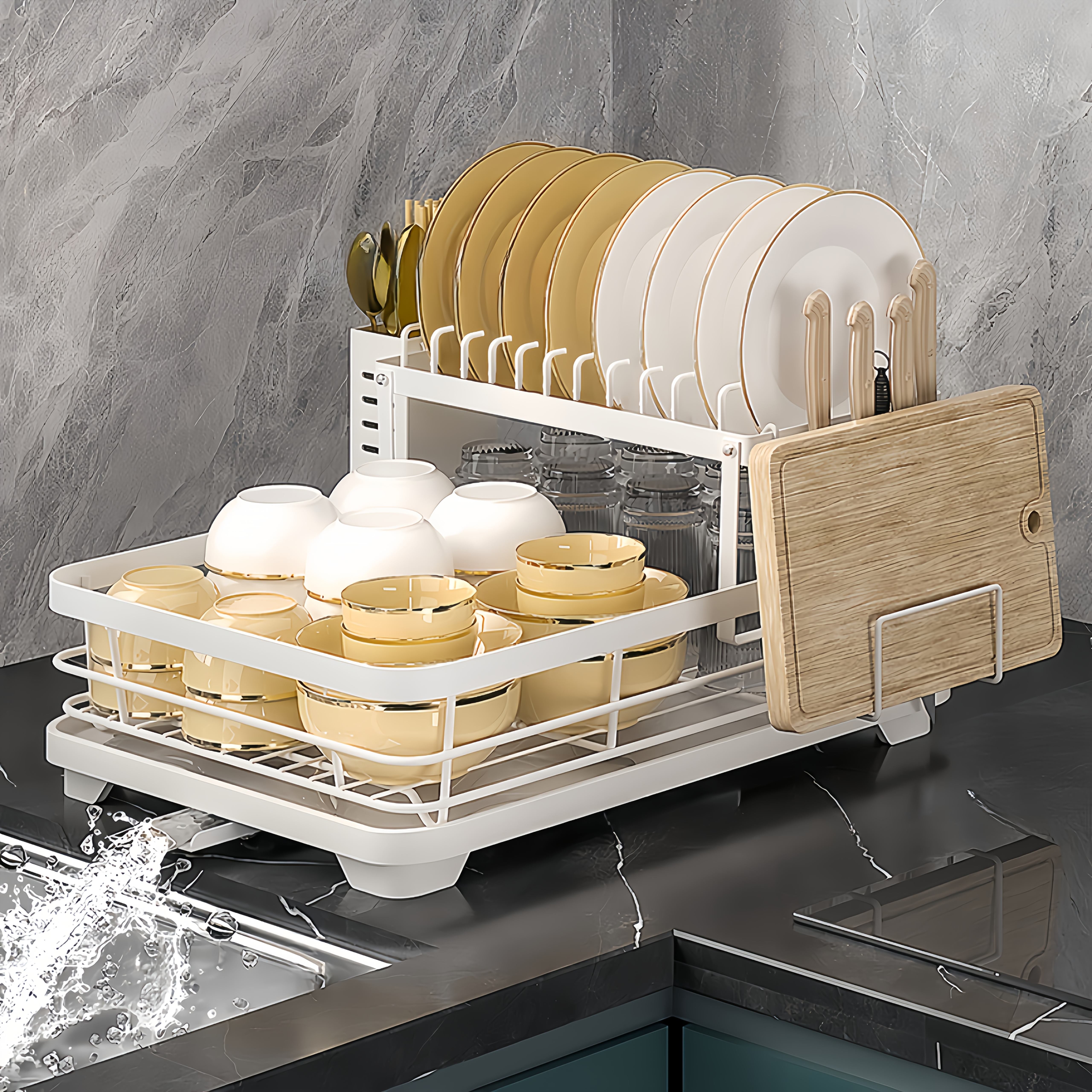 Black Iron 2-Tier Kitchen Dish Rack with Drainboard Utensil Holder and Foldable Design