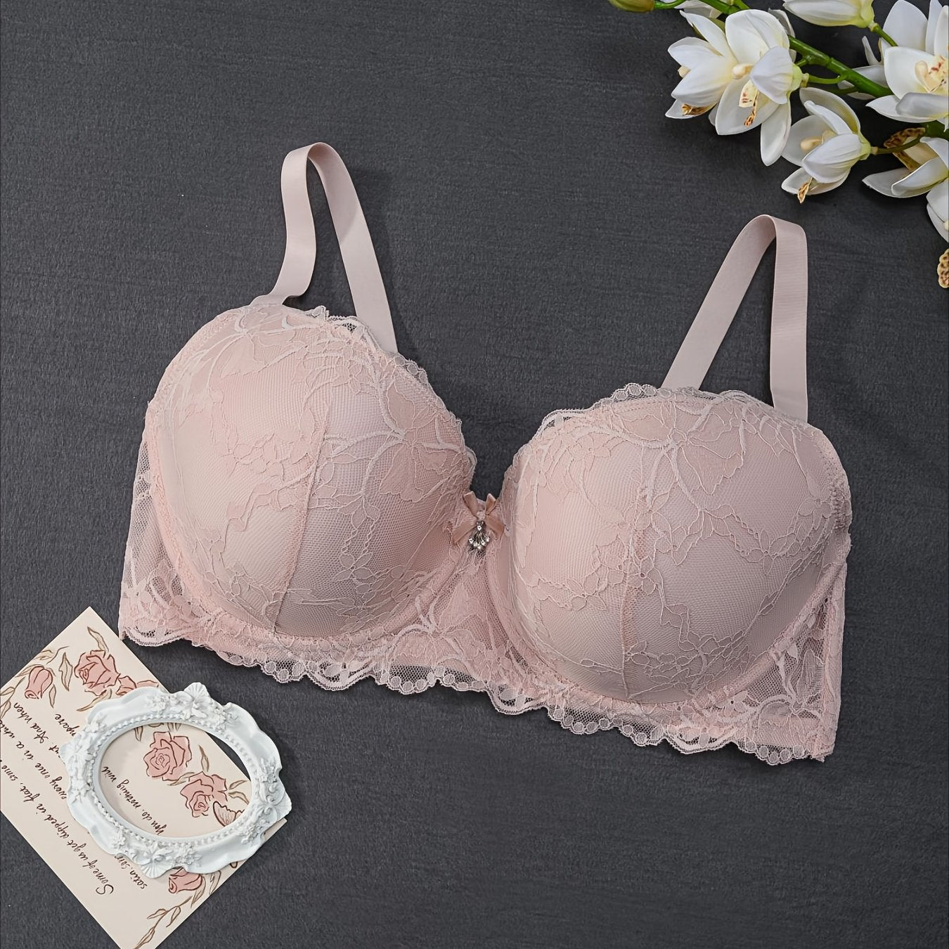 Plus Size Elegant Floral Lace Underwire Bra with Bow Detail
