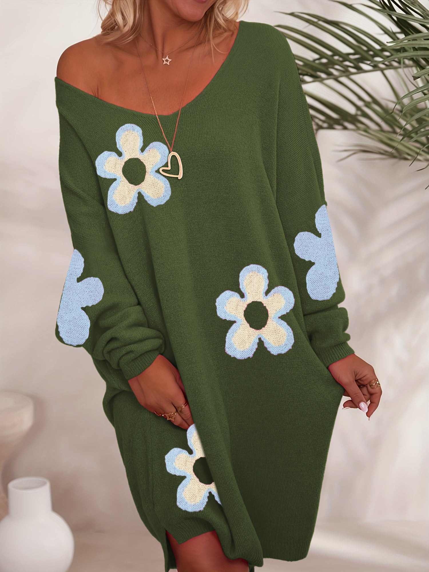 Plus Size Women's Floral Print V-Neck Sweater Knitwear All-Season Comfort