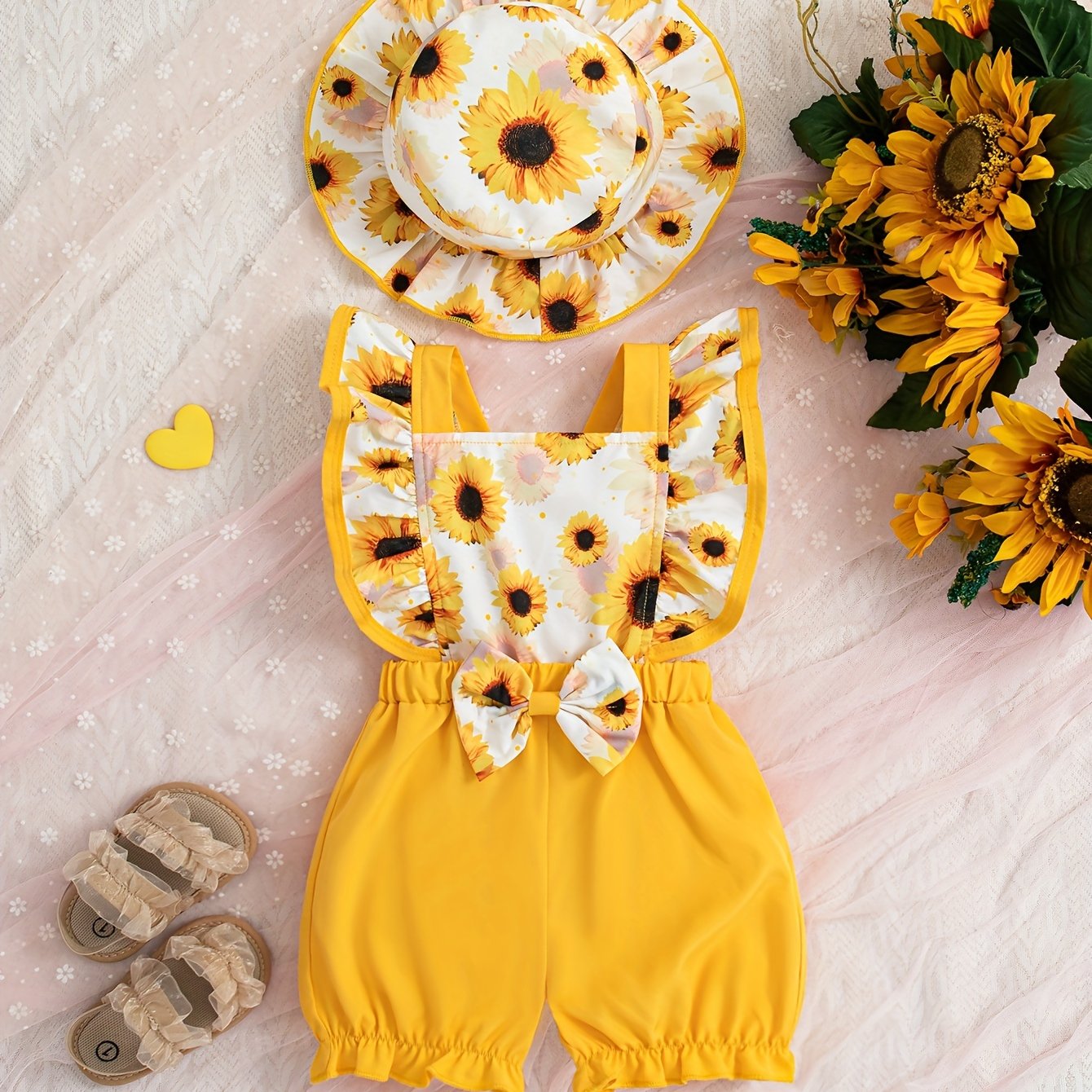 Baby Girl Jumpsuit with Sunflower and Butterfly Print, Bow Detail, Summer Toddler Clothing