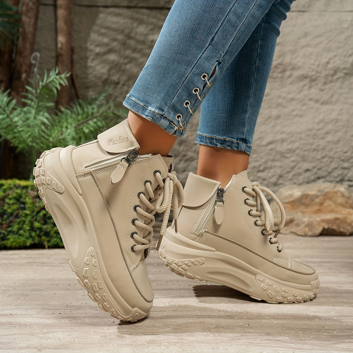 Women's High-Top Platform Sneakers with Rubber Sole Slip-Resistant Beige Black