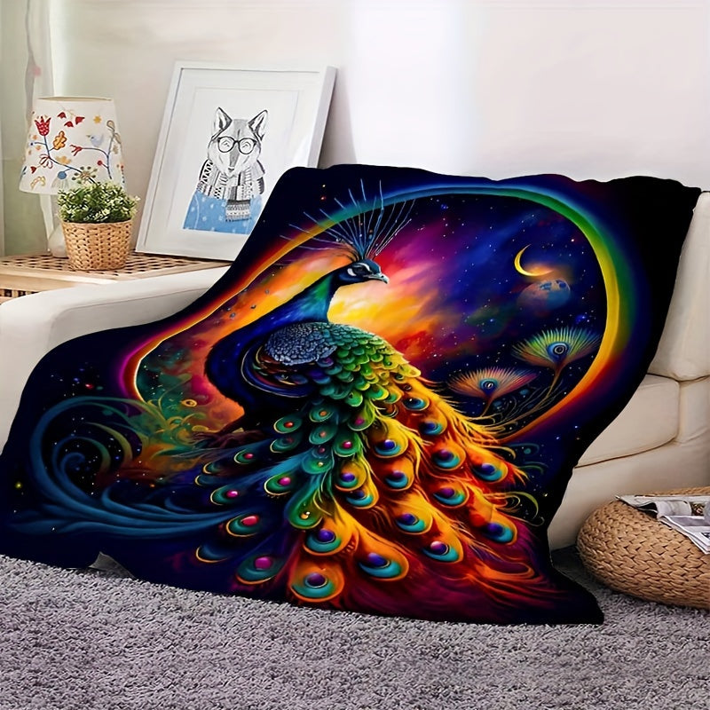 Peacock Print Flannel Blanket Soft Cozy Throw for Couch Bed Travel