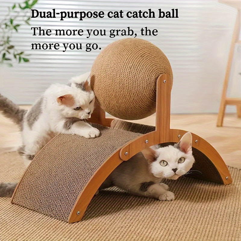 Wooden Cat Scratching Ball Toy with Corrugated Paper Base Durable Claw Grinder
