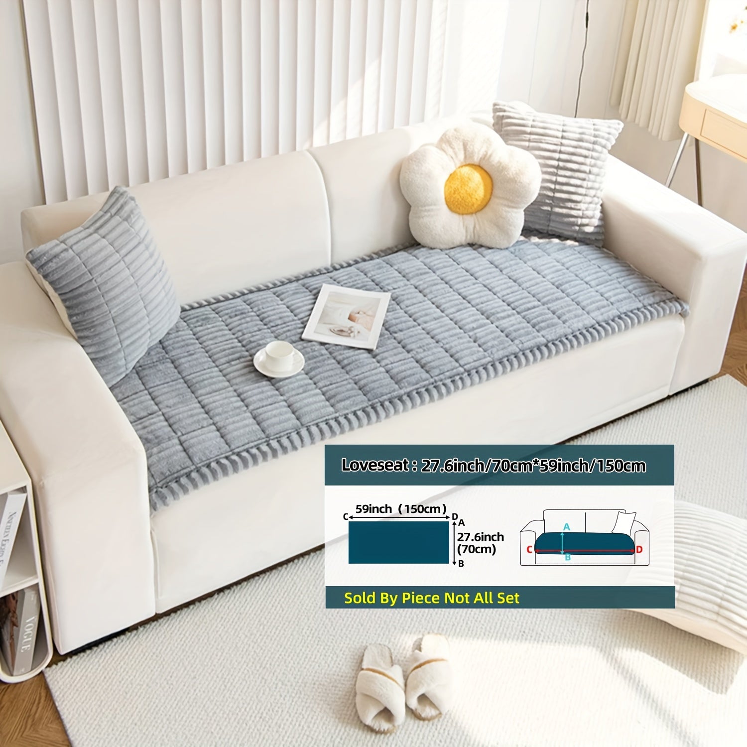 Boho Style Quilted Short Plush Sofa Cover with Ruffle Design Non-Slip Pet Friendly Machine Washable