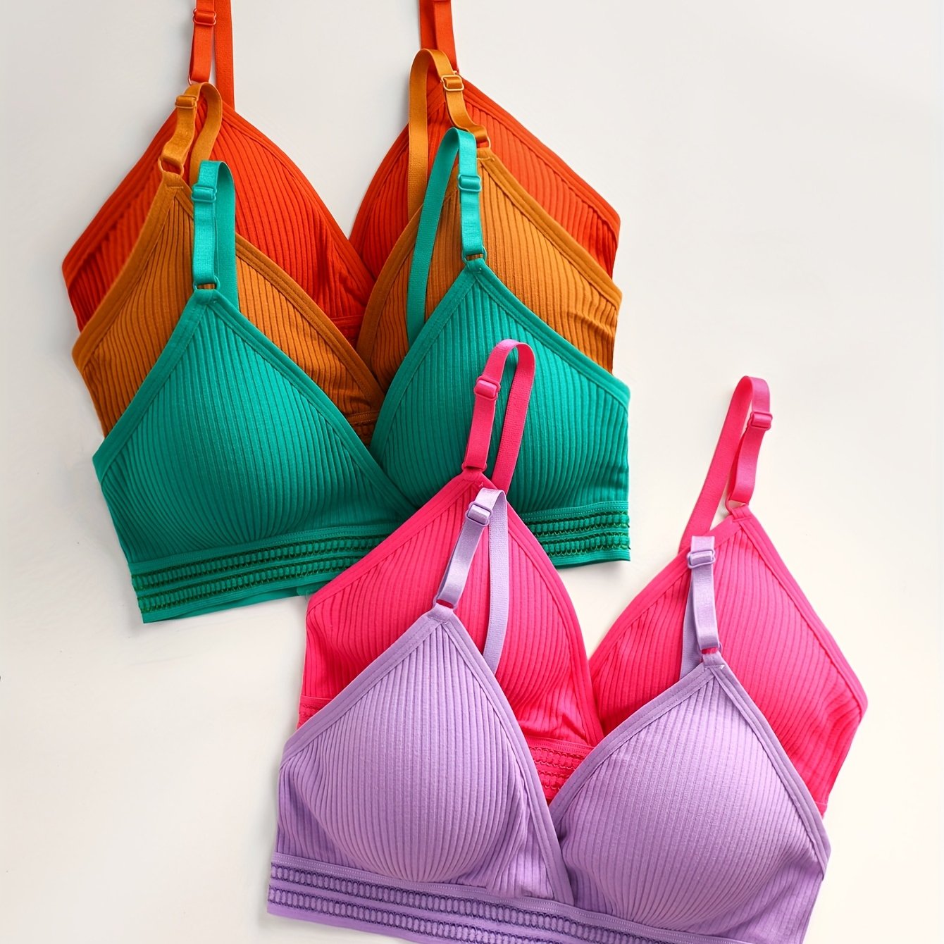 Set of 5 Wireless Bras with Ribbed Texture Soft Breathable Fabric Adjustable Straps