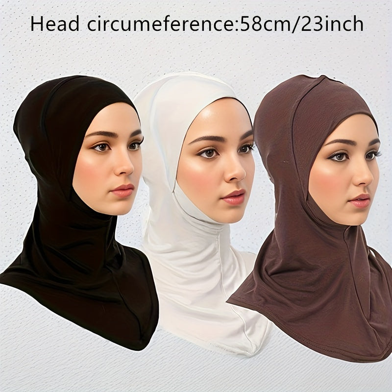 Women’s Elastic Modal Hijab Caps Pack of 3 Breathable Polyester Solid Color Head Wraps with Snap Closure