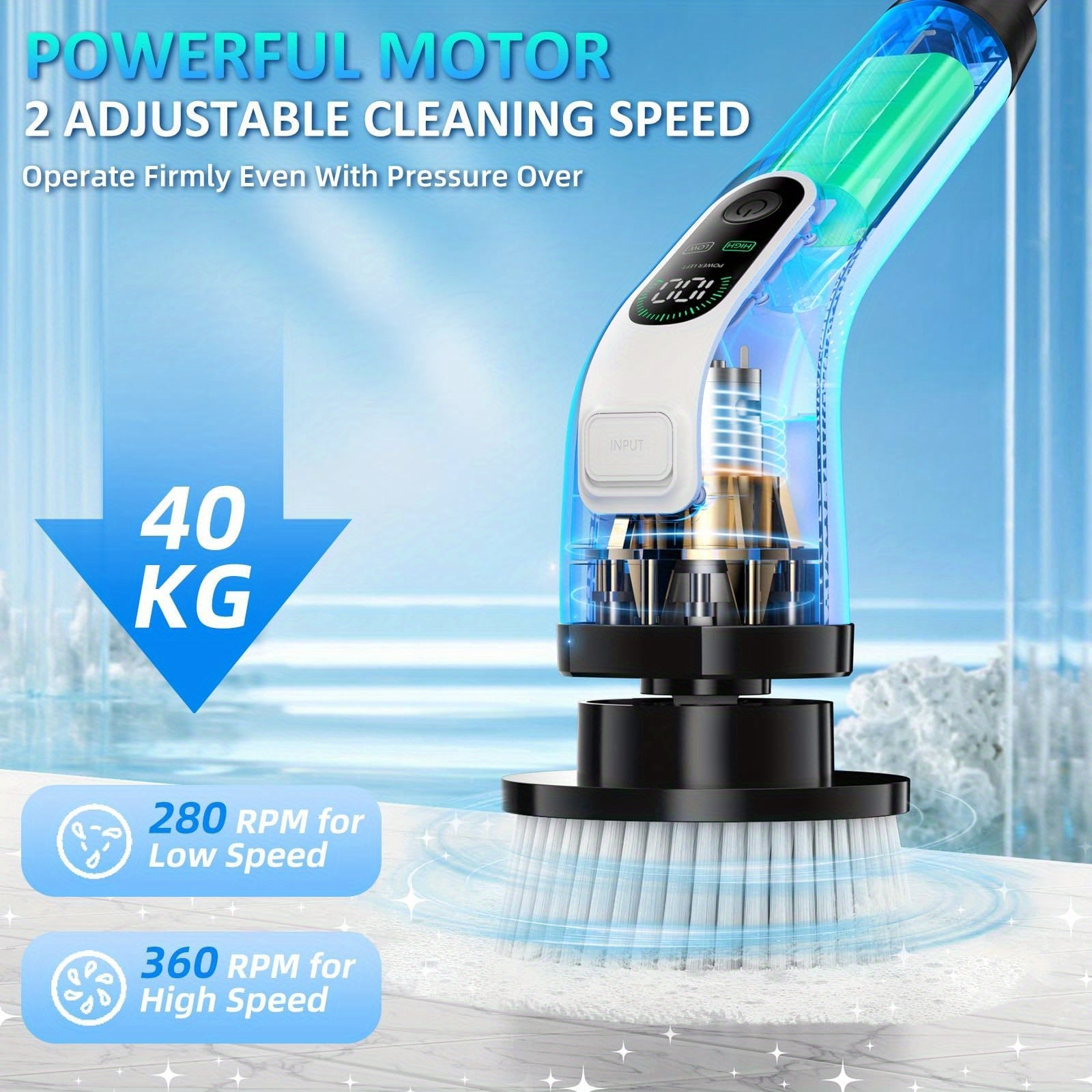 LED displey, 2 tezlik, 7 cho'tka boshli elektr spin scrubber to'plami