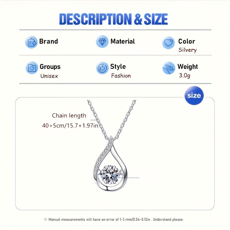 Silver-Plated Copper Necklace with Teardrop Pendant and Cubic Zirconia