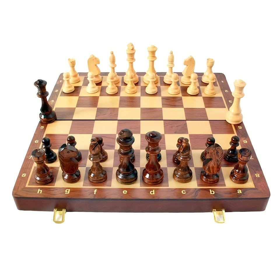 Solid Wood Chess Set with Folding Walnut Checkerboard and Internal Storage 15 Inch