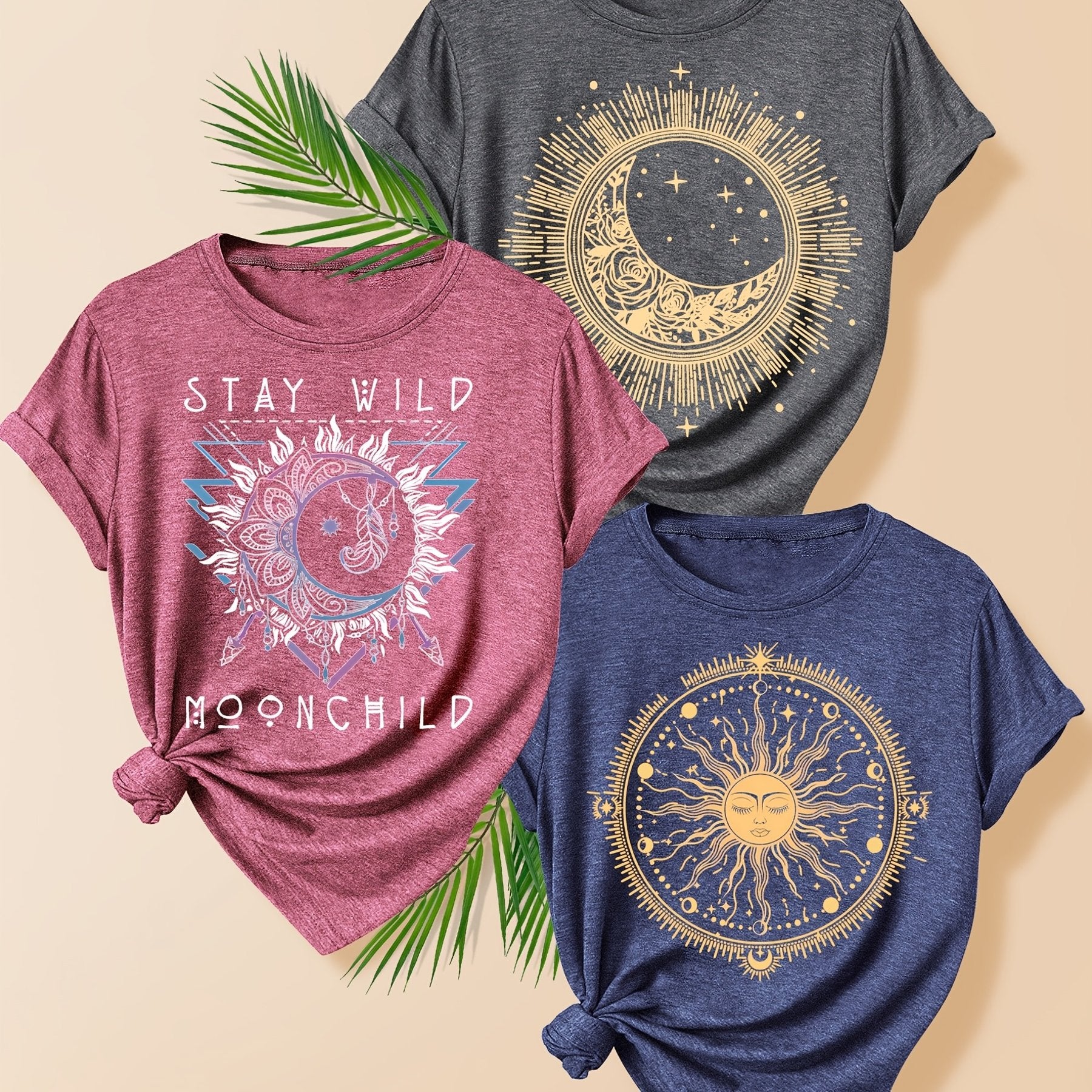 Women's 3 Pack Vintage-Inspired Sun & Moon Graphic T-Shirts Short Sleeve Polyester Blend