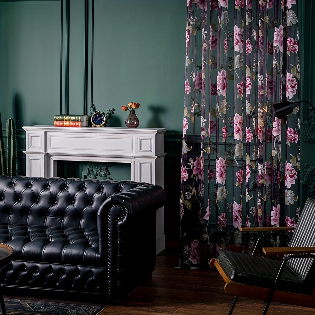 Small Translucent Curtain with Purple Flower Print for Living Room Bedroom Kitchen Bathroom