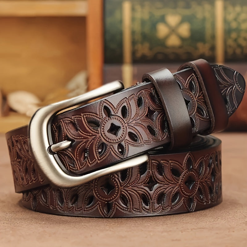 Women's Leather Belt with Hollow Buckle and Needle Detail Stylish Accessory