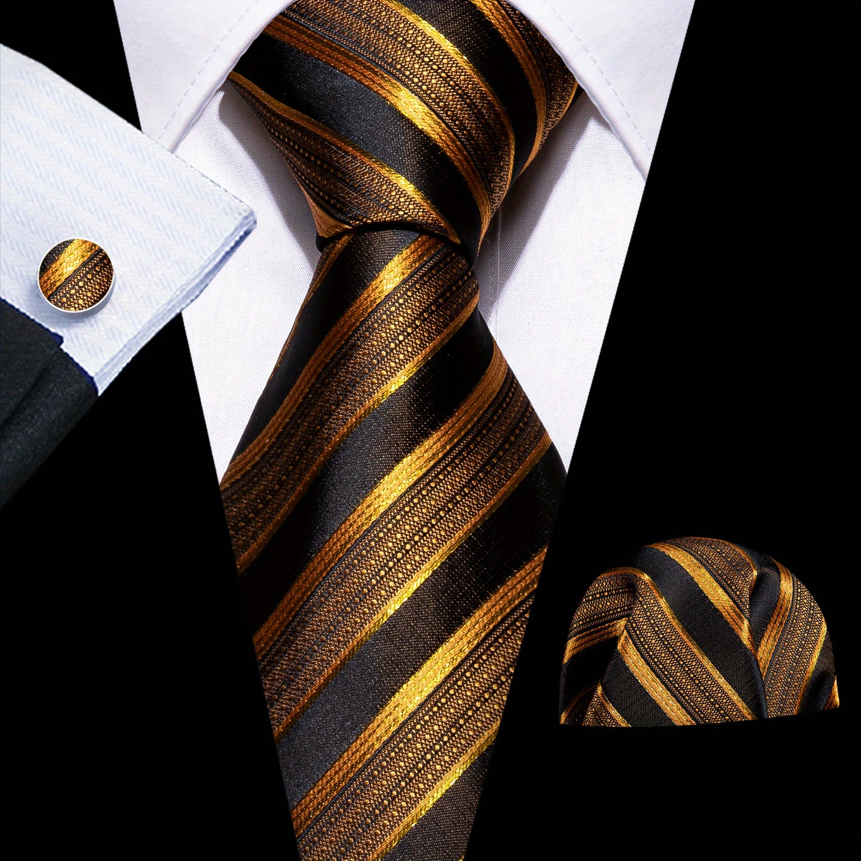 Men's Classic Striped Tie Set with Matching Handkerchief and Cufflinks for Formal and Casual Wear