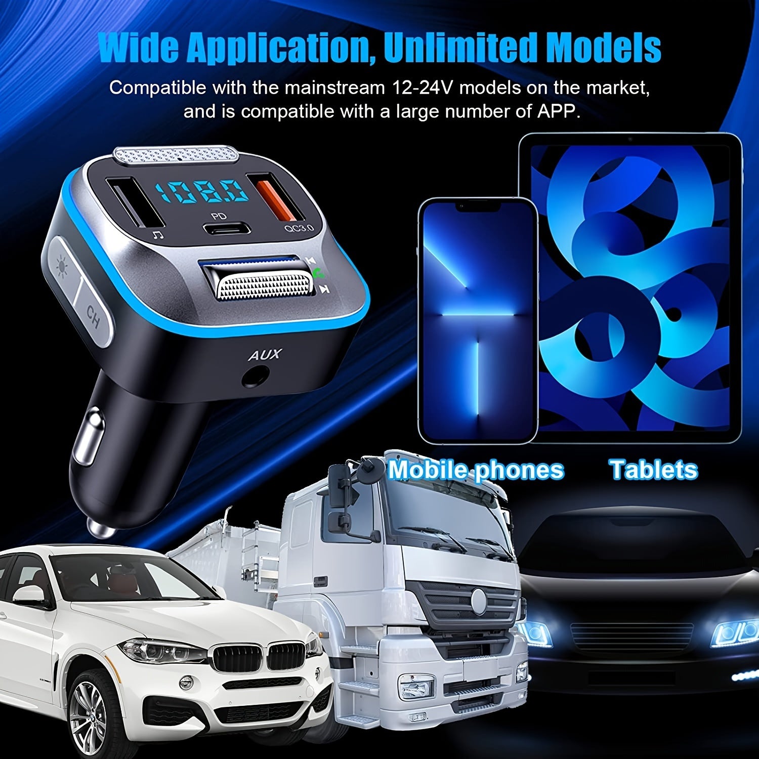 Car Wireless Transmitter Bluetooth Adapter 30W PD QC3.0 Hands-Free Calling LED Console