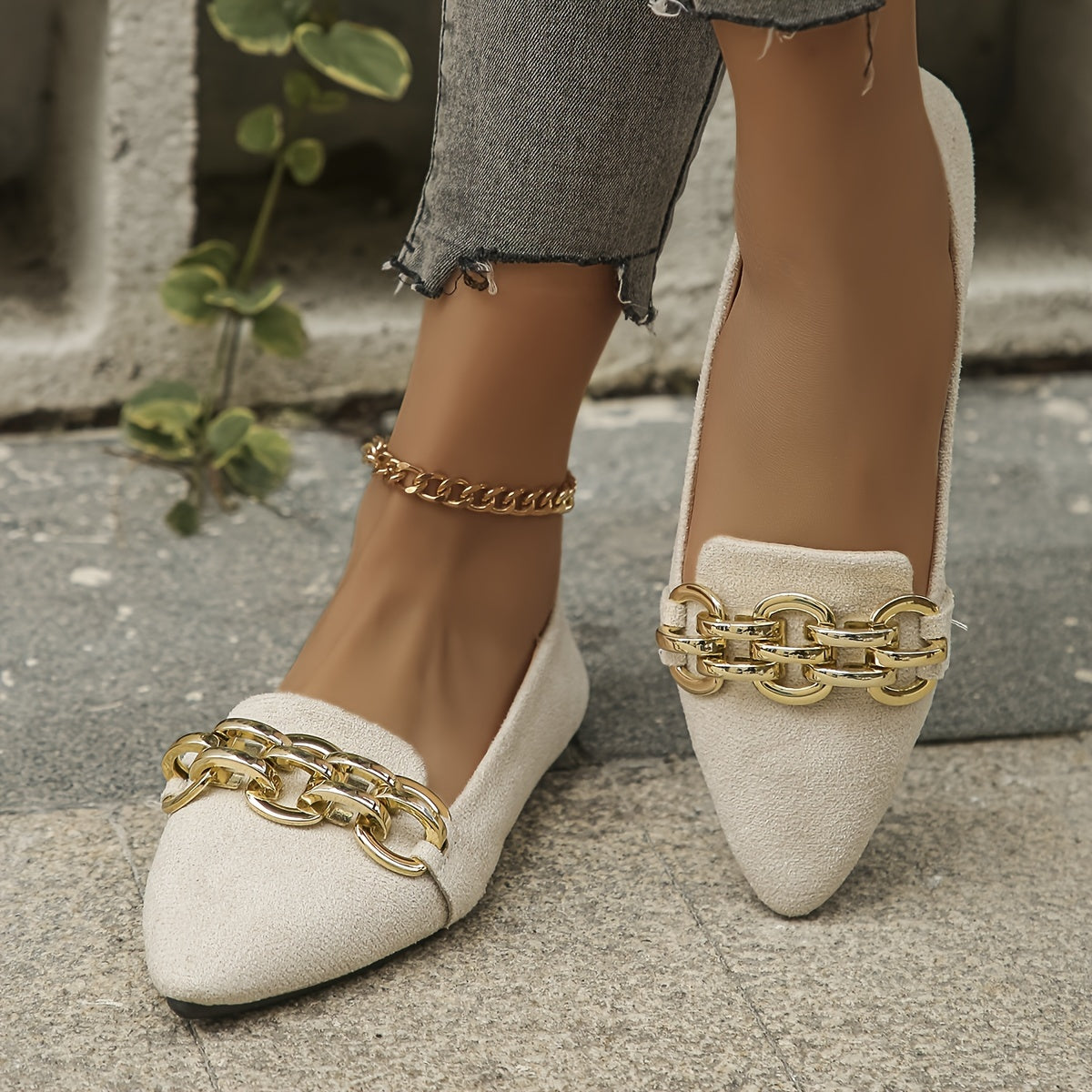 Women's Faux Leather Slip-On Flats with Black Metal Chain Pointed Toe