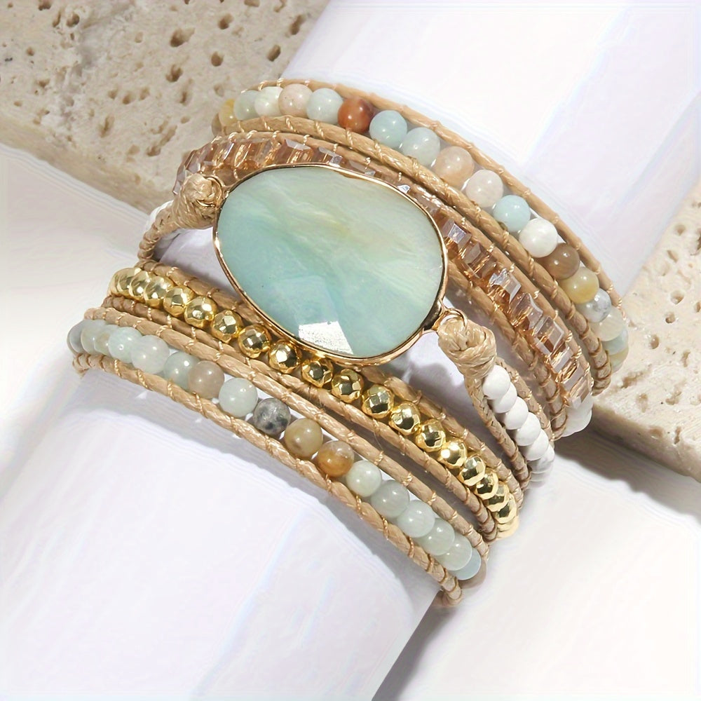 Bohemian Wrap Bracelet with Natural Stone Glass Hematite Beads Adjustable 5 Row Braid Rope Jewelry