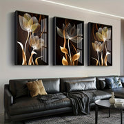 Conjunto de arte de pared abstracto moderno en lienzo con flores en negro, marrón y dorado para decoración de sala de estar, sin marco