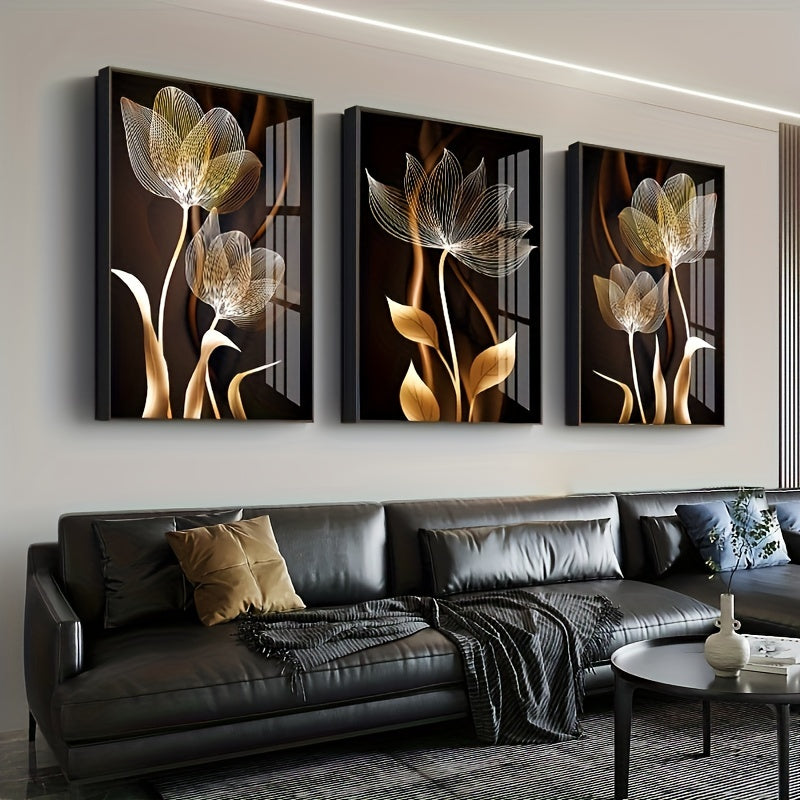 Conjunto de arte de pared abstracto moderno en lienzo con flores en negro, marrón y dorado para decoración de sala de estar, sin marco