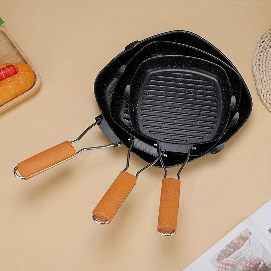 Cast Iron Skillet Non-Stick Grill Pan with Wooden Handle Oven Safe for Stoves