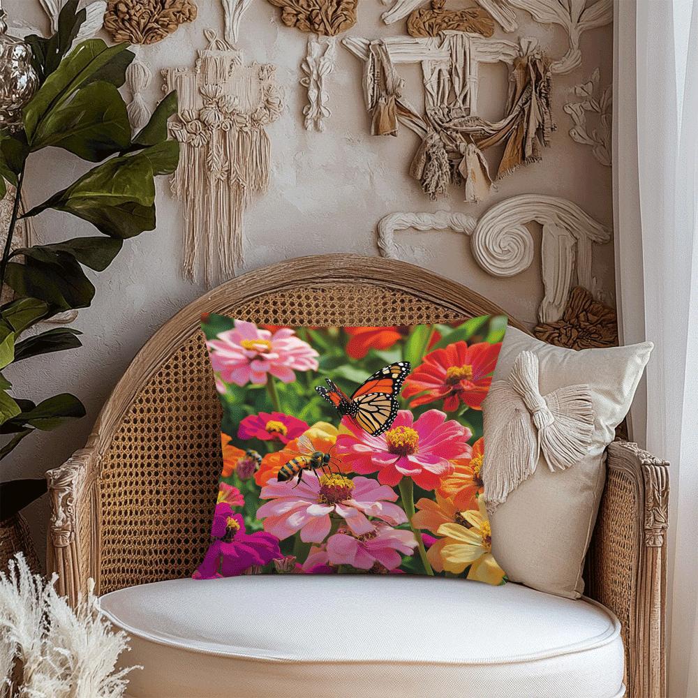 Zinnia Flower and Butterfly Throw Pillow Cover Polyester Zipper Closure All-Season Sofa Decor