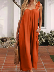 Plus Size Off-Shoulder Ruffle Hem Jumpsuit Sleeveless Wide Leg Casual Vacation Orange