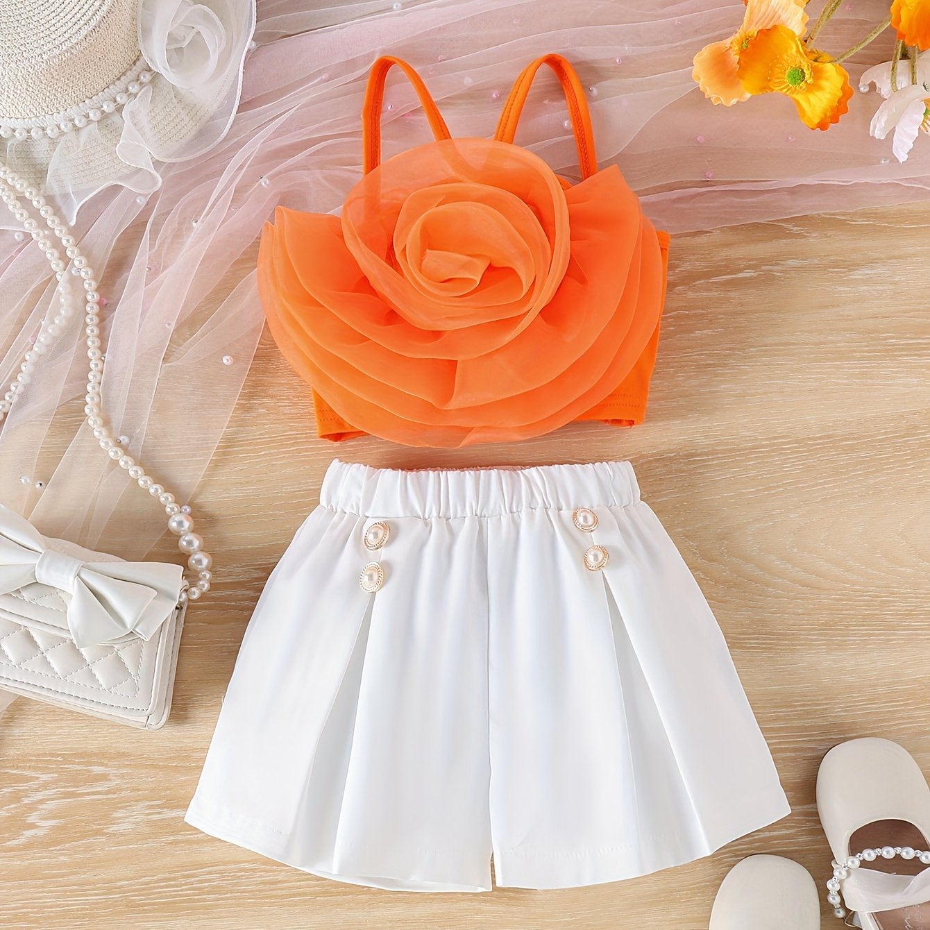 Girls Summer Outfit 3D Rose Floral Camisole and Shorts Set Polyester Casual for Kids