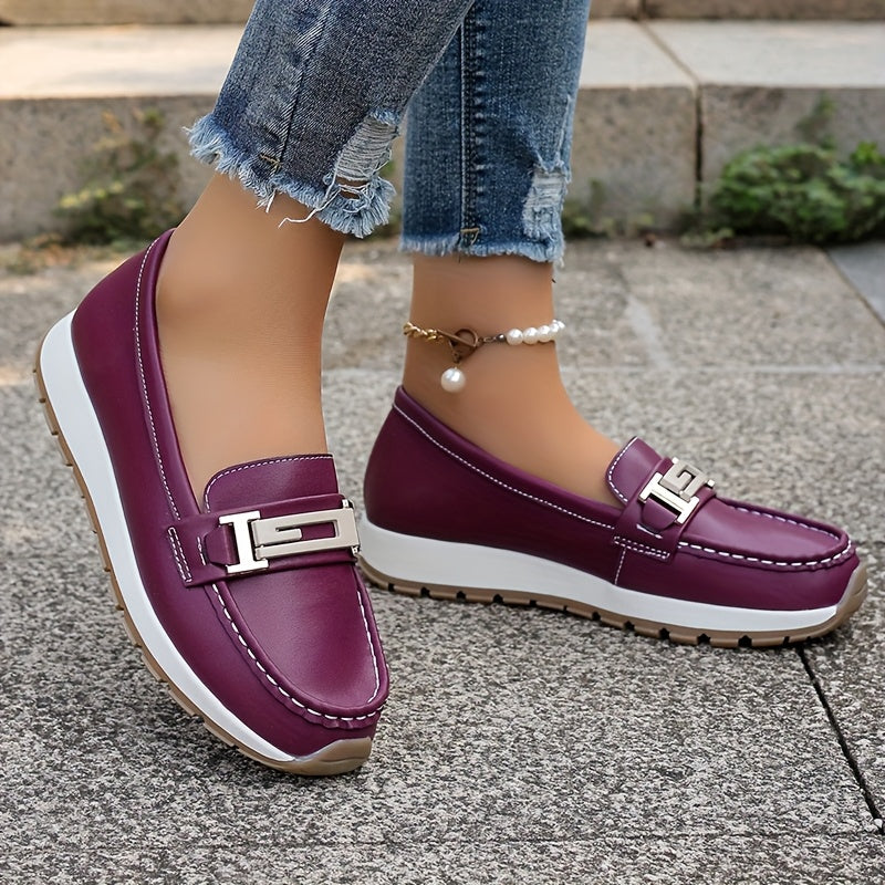 Women Loafers with Metal Buckle Slip-On Flats Non-Slip Casual Shoes