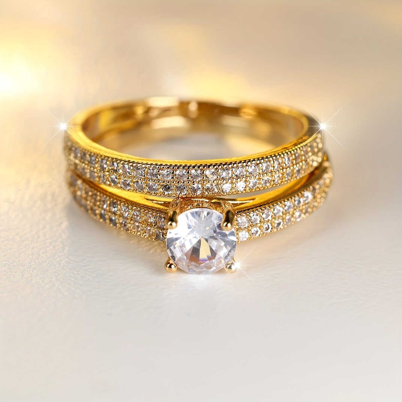 Bohemian Bridal Ring Set with Cubic Zirconia Copper Wedding Band for Women