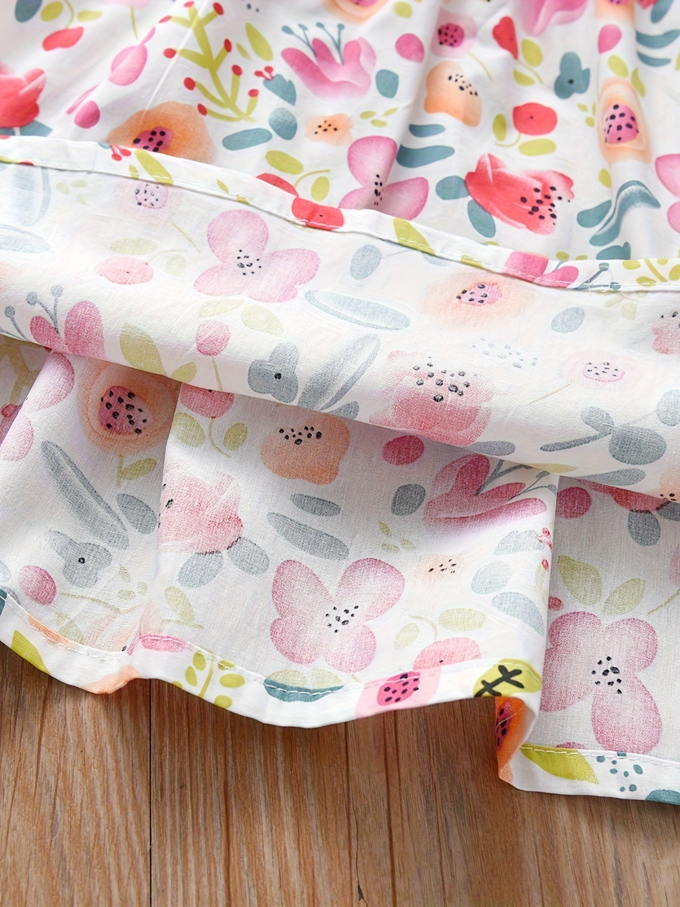 Girls Summer Dress with Floral Print and Puff Sleeves Knee High Casual Clothing