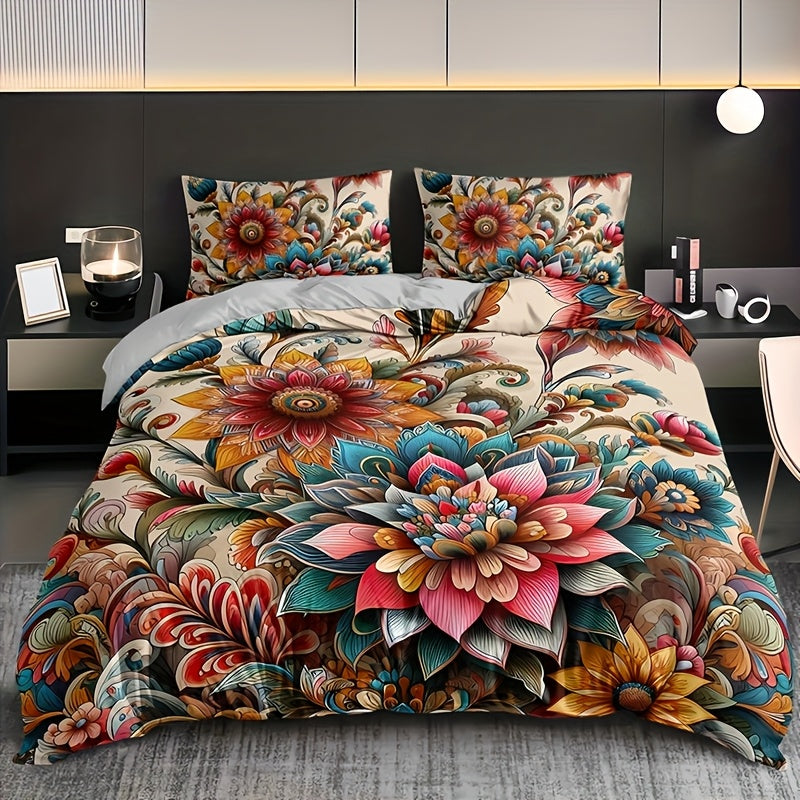 Conjunto de ropa de cama bohemia con mandala floral, 3 piezas, funda nórdica y fundas de almohada