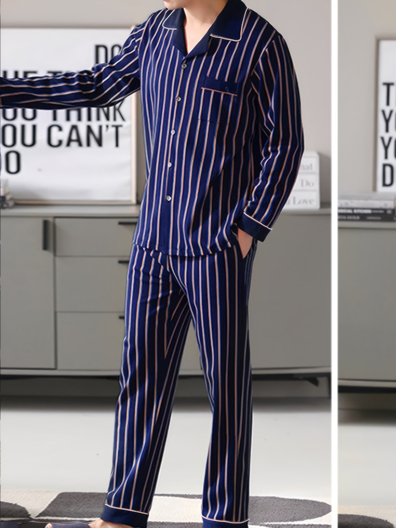 Men's Striped Long Sleeve Pajama Set Polyester Elastane Sleepwear with Pockets for Spring Autumn