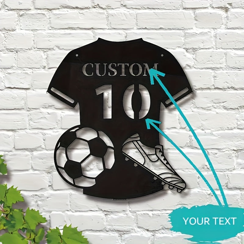 Arte de pared de metal con diseño personalizado de camiseta de fútbol, nombre y número personalizables, decorativo reutilizable y desmontable para entusiastas del deporte