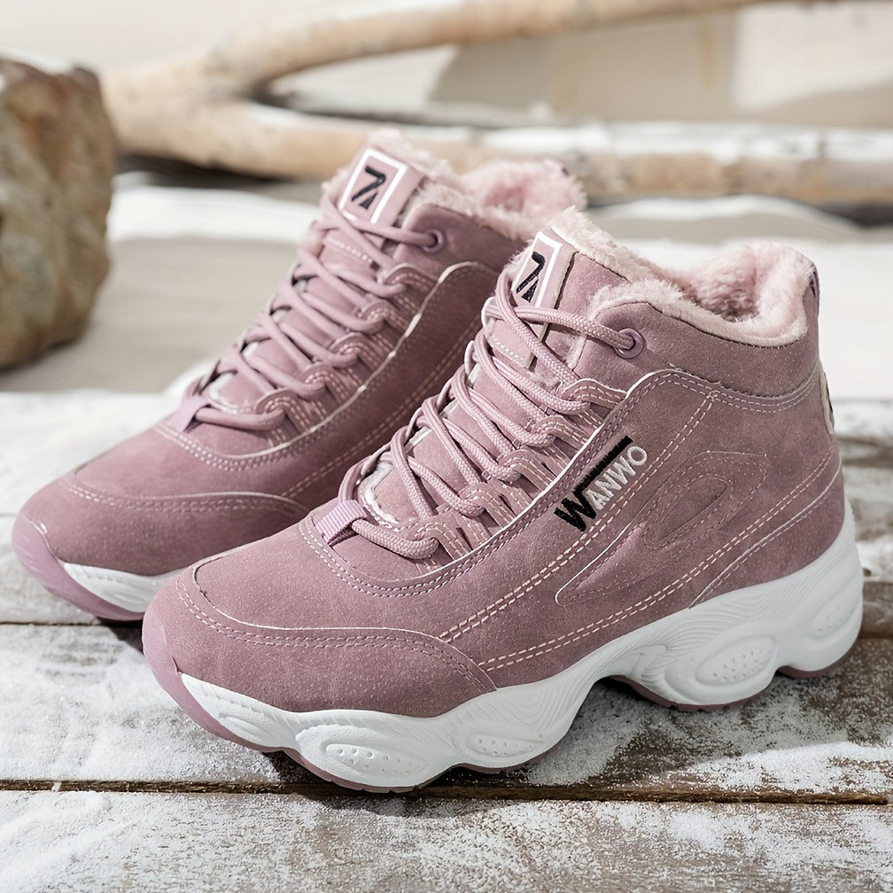 Women's Fleece-Lined Chunky Mid-Heel Ankle Boots White Red Accents