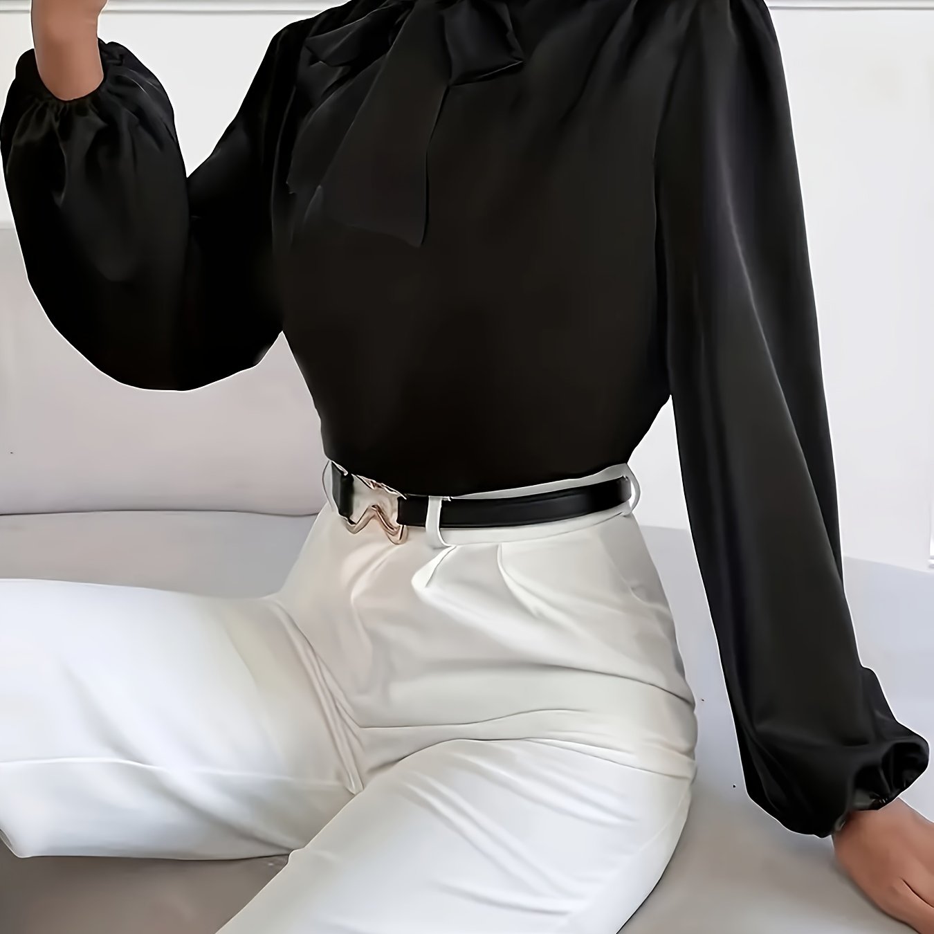 Women's Solid Color Tie-Neck Blouse for Spring and Fall