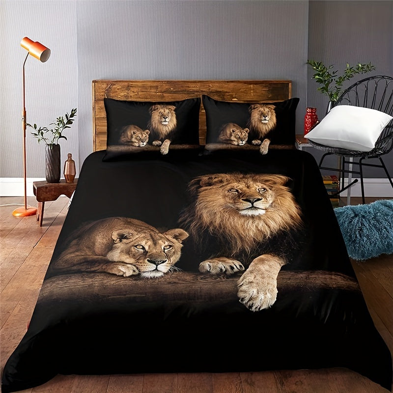 Lion Print Duvet Cover Set Soft Comfortable Bedding for Bedroom or Guest Room Includes 1 Duvet Cover and 2 Pillowcases