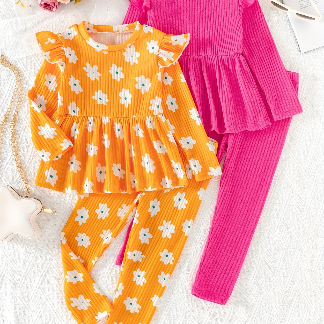 Girls Long Sleeve Peplum Top and Casual Pants Co-ords Set Floral Solid Spring Fall Outdoor Clothes