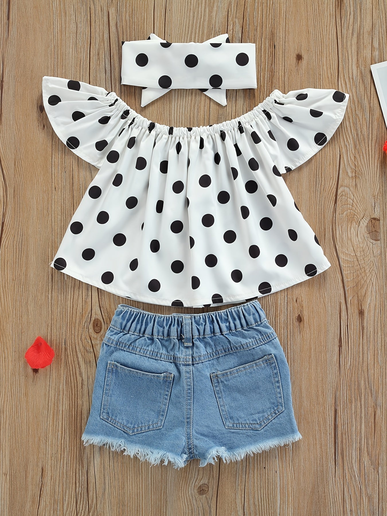 Baby Girls Summer Polka Dot Crop Top and Denim Shorts Set with Headband