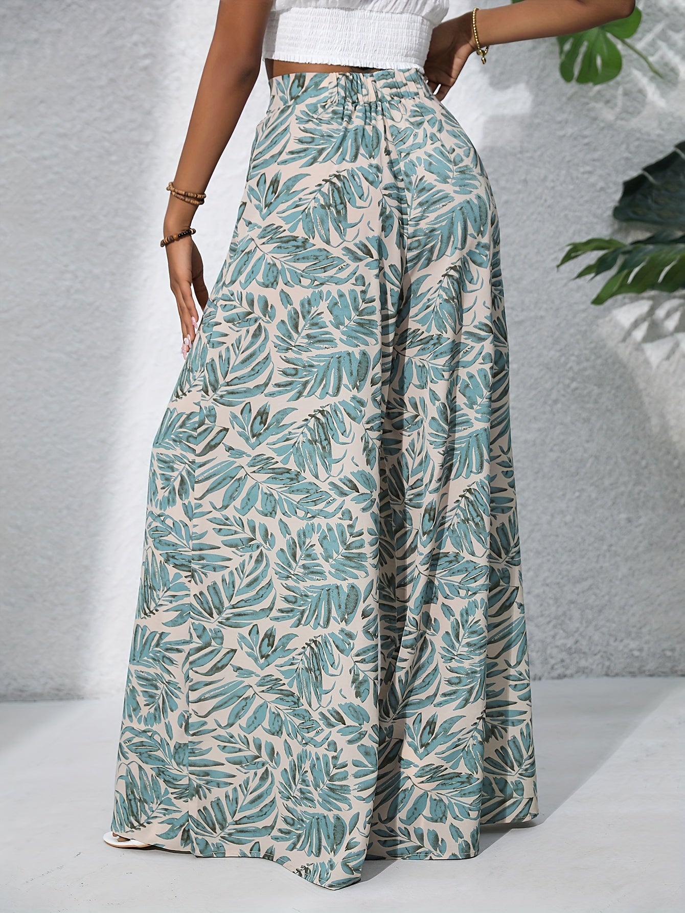 Women's Boho Plants Print Wide Leg Palazzo Pants Summer Beach High Waist Polyester