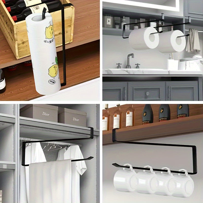 Easy-Install Iron Kitchen Paper Towel Holder with Cling Film and Dishcloth Storage