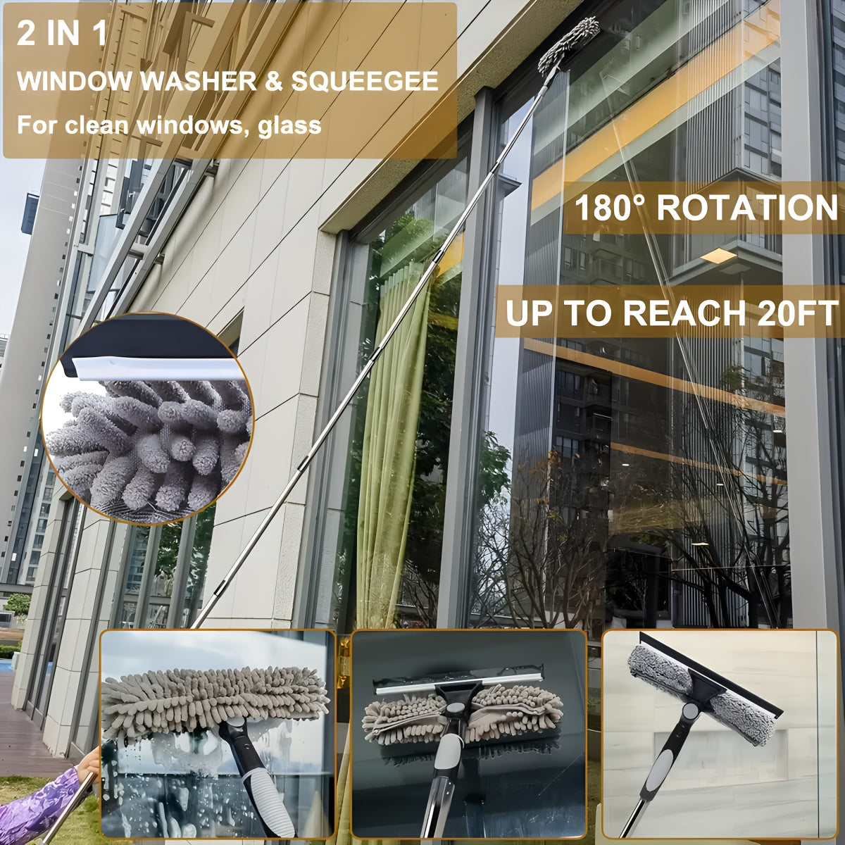 Window Cleaner Kit with Microfiber Cloth, Resin Head, Stainless Steel Handle, 59.74m Reach, No Electricity Needed