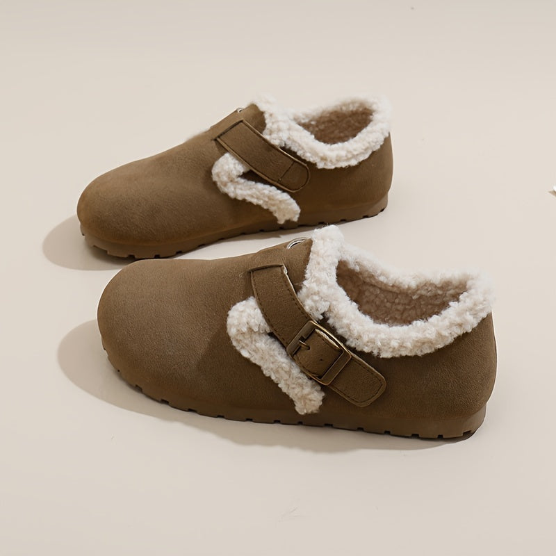 Women's Flannel-Lined Ankle Booties Casual Flat Heel Buckle Closure