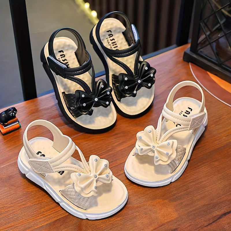 Girls' Sandals with Bowknot Summer 2024 Low Top Breathable Beach Footwear Black White Pink Cream