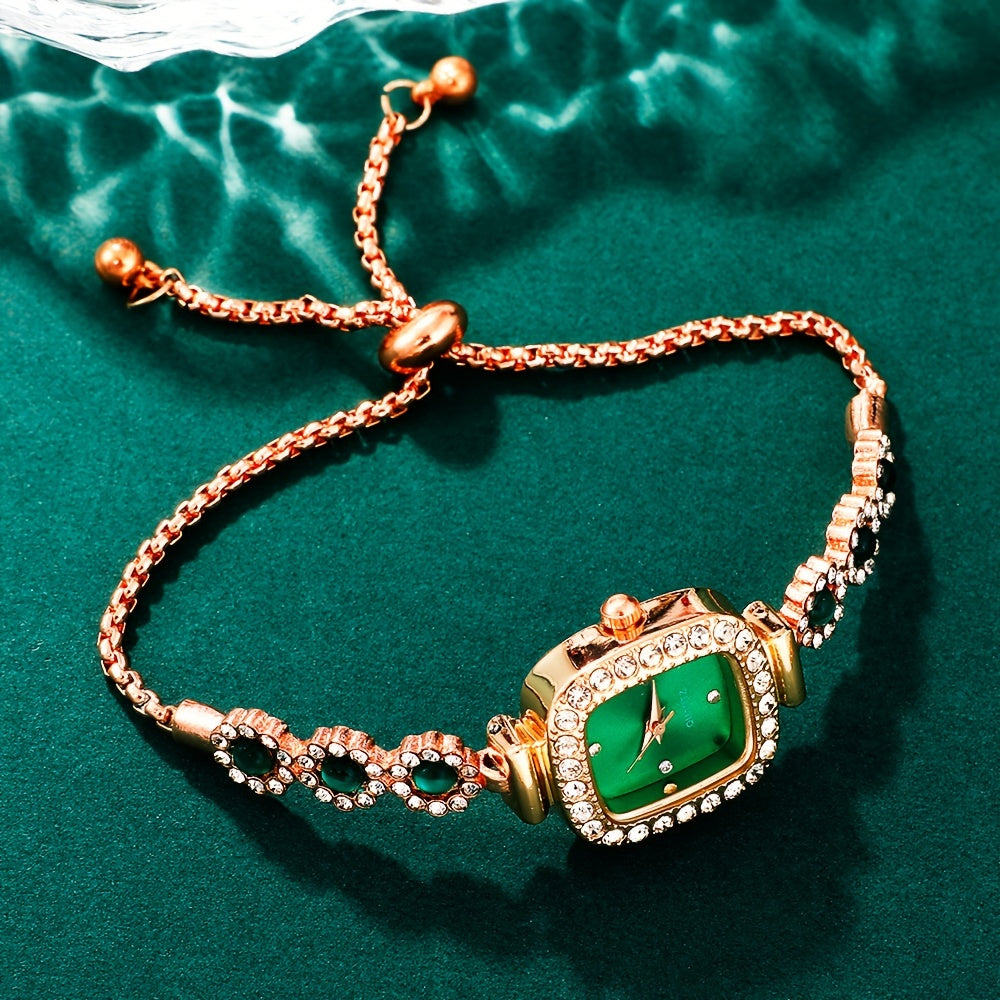 Women’s 6-Piece Rhinestone Quartz Watch Jewelry Set Square Case Adjustable Zinc Alloy Band Gift