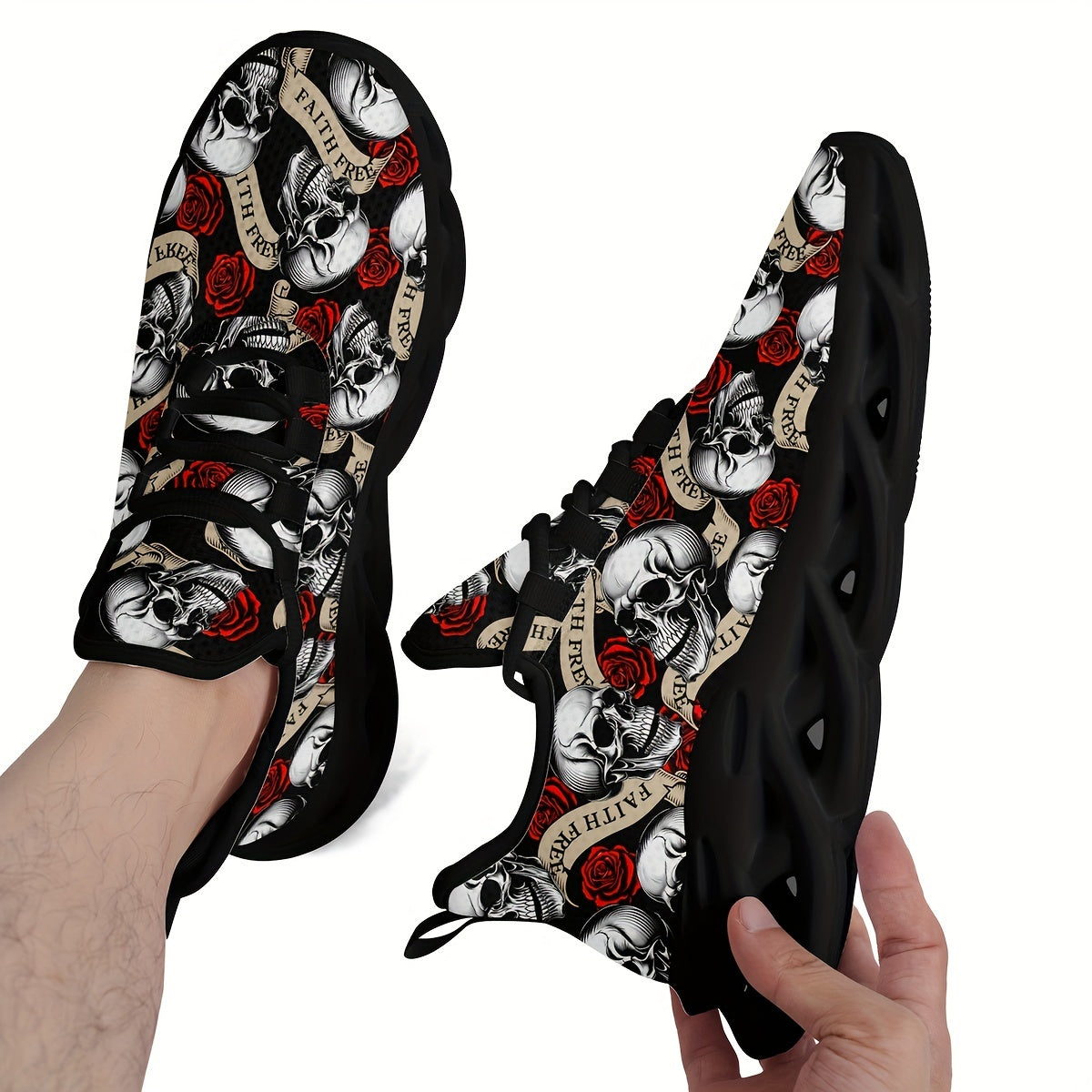 Plus Size Men's Sneakers with Rose and Skull Pattern Lace-Up Non-Slip Shock Absorbing Sole