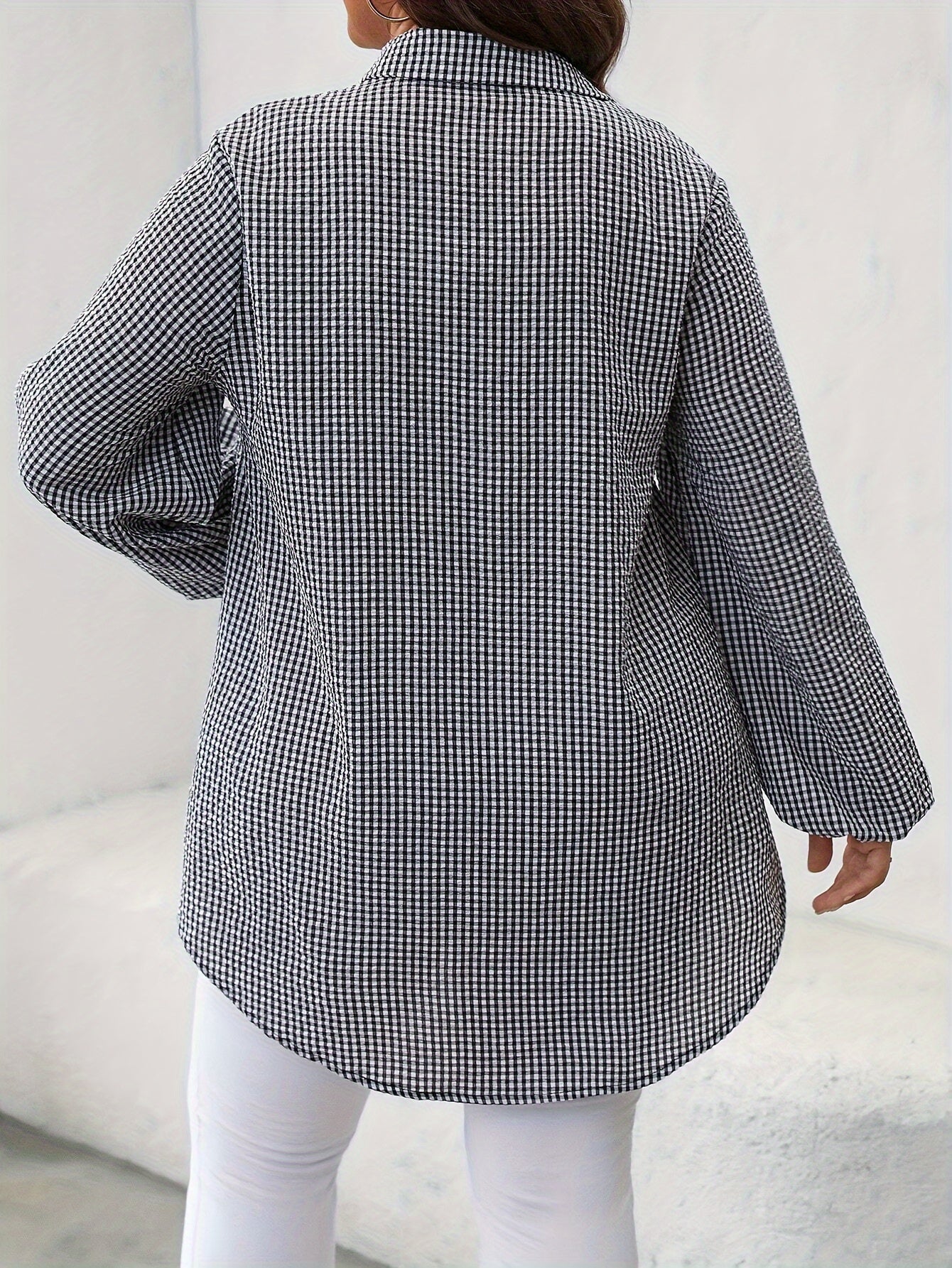 Plus Size Gingham Check Blouse For Women Linen Lantern Sleeve Loose Fit
