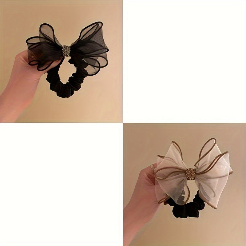 Vintage Polyester Rhinestone Mesh Bow Hair Ties Set of 1 2 3 for Women