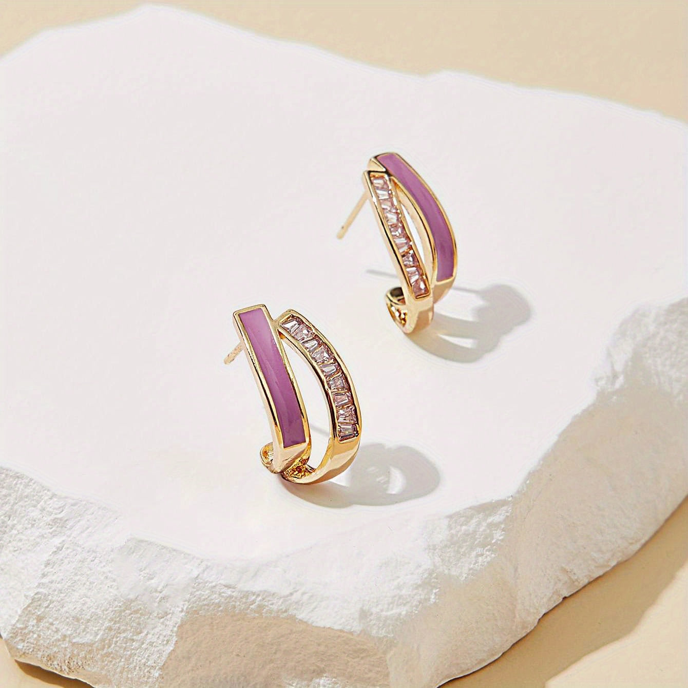 Ayollar uchun ikki qatlamli C-shaklidagi stud uzuklar, 18K oltin qoplangan kumush, zirkoniy