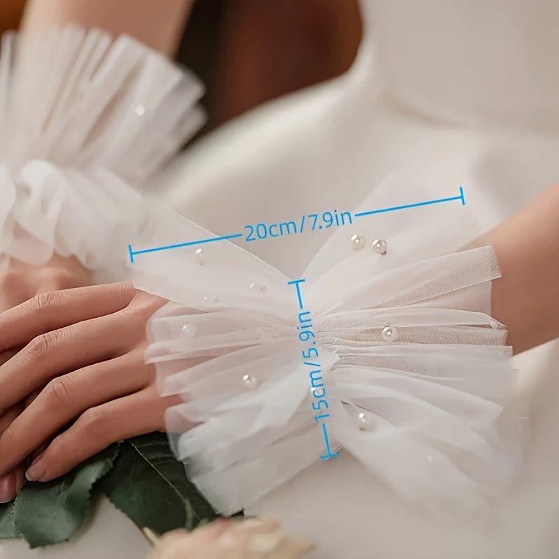 White Mesh Beaded Bridal Wrist Cuffs for Wedding Sleeve Decorations