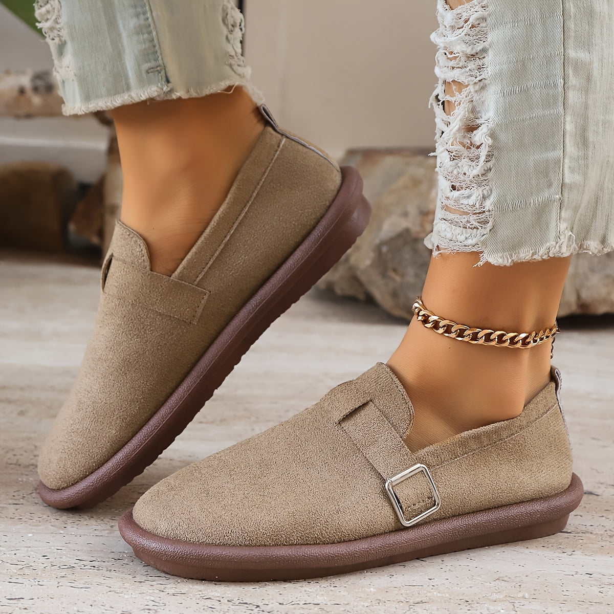 Women's Fabric Loafers with Buckle and Sequin Accent All-Season Slip-On Shoes